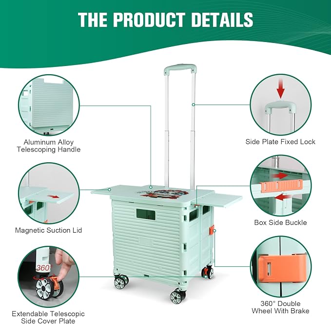 FELICON SELORSS Folding Utility Cart Portable Rolling Crate Handcart-Green | Magnetic Sliding Lid,Telescoping Handle,Plastic Box Dolly,360°Swivel Wheels for Travel Shop Move Laundry Office Teacher Use - Image 3