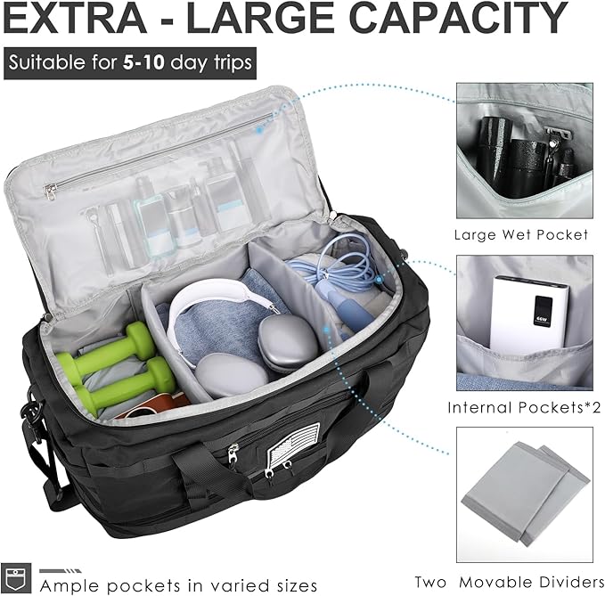 Travel Bag for Men Women, Gym Bag & Tactical Duffle Bags for Travel, Carry on with Toiletry Bag and Shoe Compartment, Weekender Overnight Trip with Wet Pocket for Workout Medical, Black - Image 3