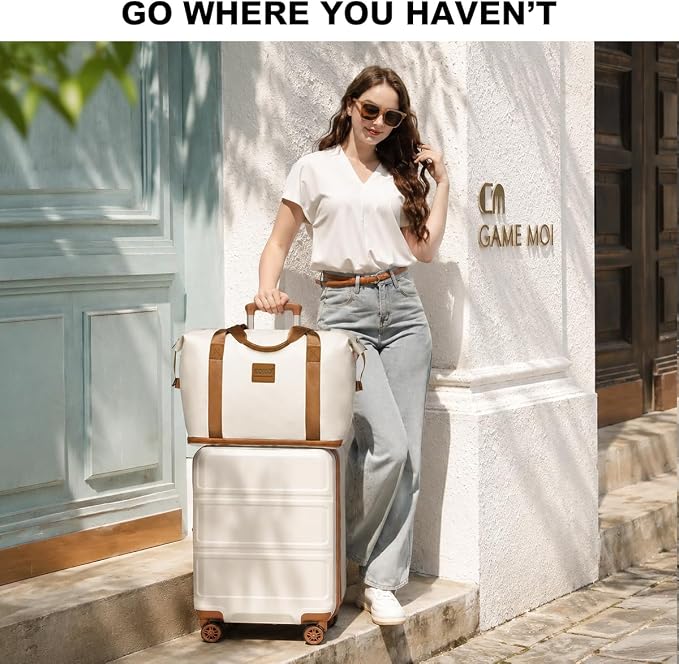 Kono Luggage Set 4 Piece Carry On Hardside Luggage with Spinner Wheels | Lightweight PC+ABS Carry On Suitcase with TSA Lock Cream White - Image 2