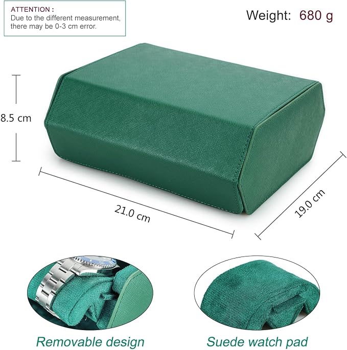 Hiram Genuine Leather Hexagon Watch Roll Travel Case, Leather 6-Watches Roll Case with Removable Pillow Cushion for Treasured Watches and Bracelets -Green - Image 3