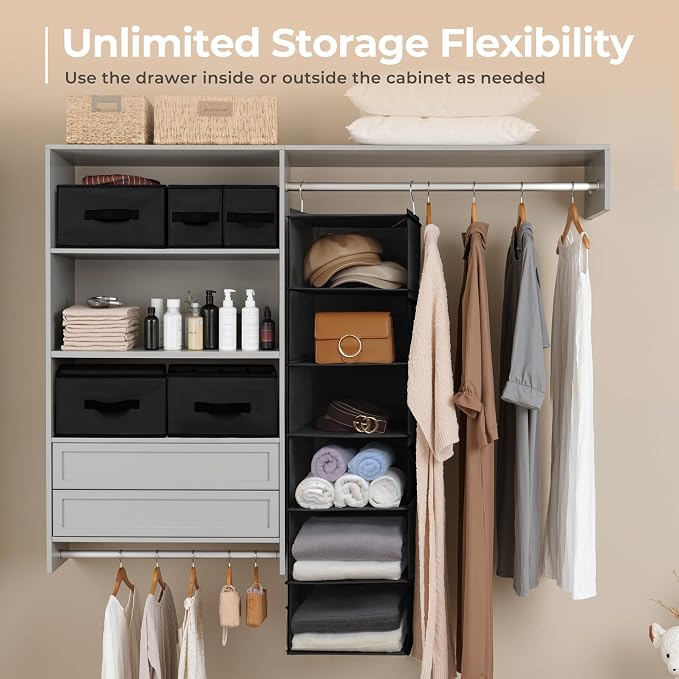 GRANNY SAYS Hanging Closet Organizer 6 Shelves, Closet Organization and Storage with 5 Different Drawers, 6 Side Pockets Wardrobe Clothes Organizer for Closet, Black, 1-Pack - Image 6