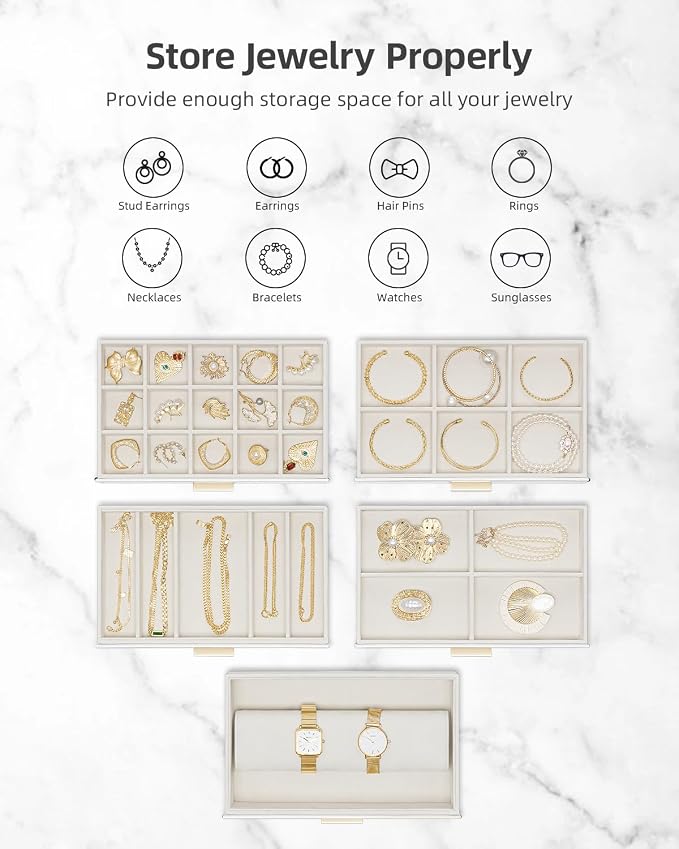 VLANDO 6 Layer Large Jewelry Box - Jewelry Holder Organizer, Jewelry Box Organizer for Drawer Necklace Ring Bracelet and Watch, Birthday Gift for Loved Ones - White - Image 4