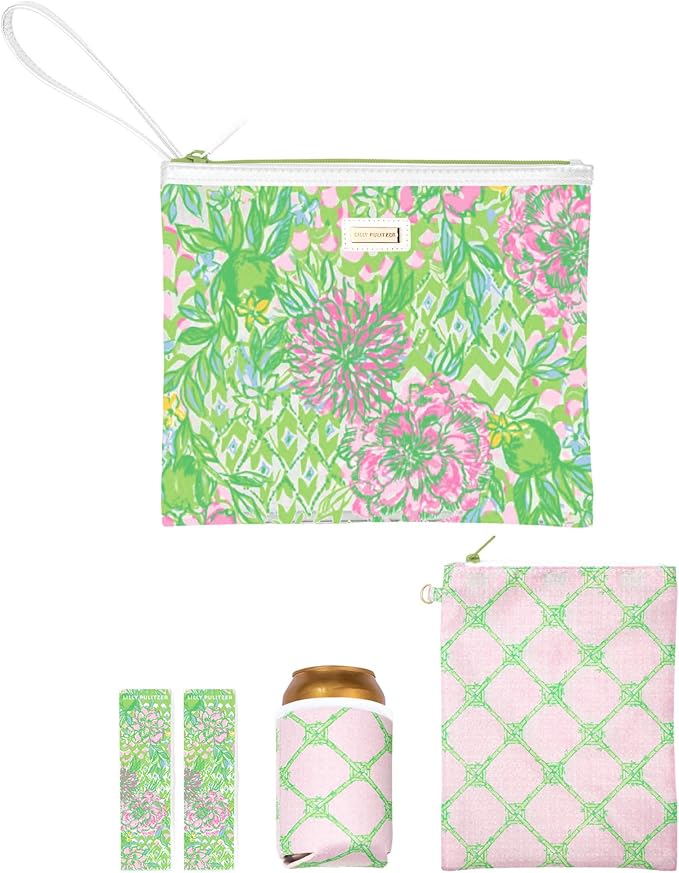 Lilly Pulitzer Water Resistant Vinyl Beach Day Pouch, Zipper Bag Includes Drink Hugger, Small Pouch, and Towel Clips by Unknown