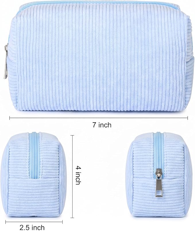 SOIDRAM 2 Pack Corduroy Makeup Bag for Women, Blue Makeup Pouch Small Cosmetic Bag Travel Toiletry Organizer for Skincare, Brushes & Essentials - Image 5
