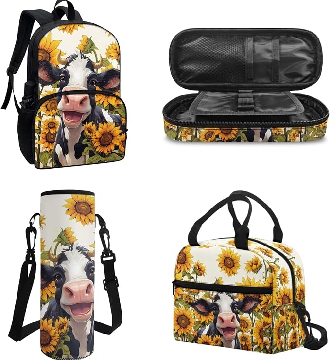 POLERO Sunflower Cow Bookbag School Bag Set for Elementary Back to School Girls Lightweight Backpack with Lunch Box - Image 2