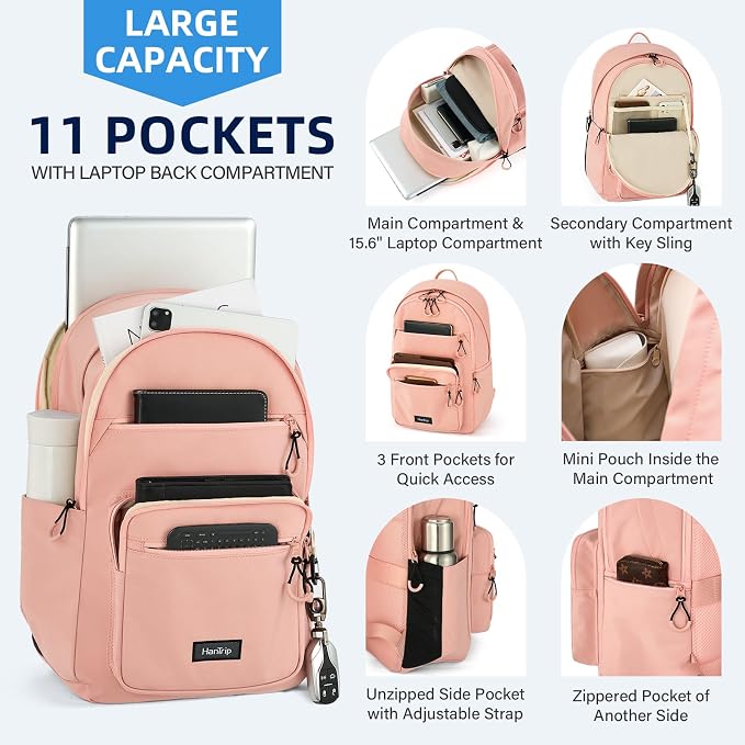 HanTrip Carry On Travel Backpack For Women, 18 Inch Water Resistant Large Backpack Lightweight Bookbag For Men, 8x14x18 Personal Item Bag Casual Daypack Backpacks For Work Office Commuter (Pink) - Image 3