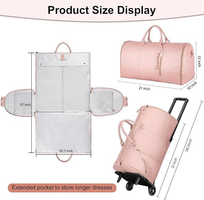 Ytonet Rolling Garment Bags for Travel, Convertible Carry On PU Leather Travel Bag 2.0 Roller Edition, 3 in 1 Suit Garment Duffle Bag with Wheels and Shoe Pouch for Business Wedding Overnight, Pink - Image 7
