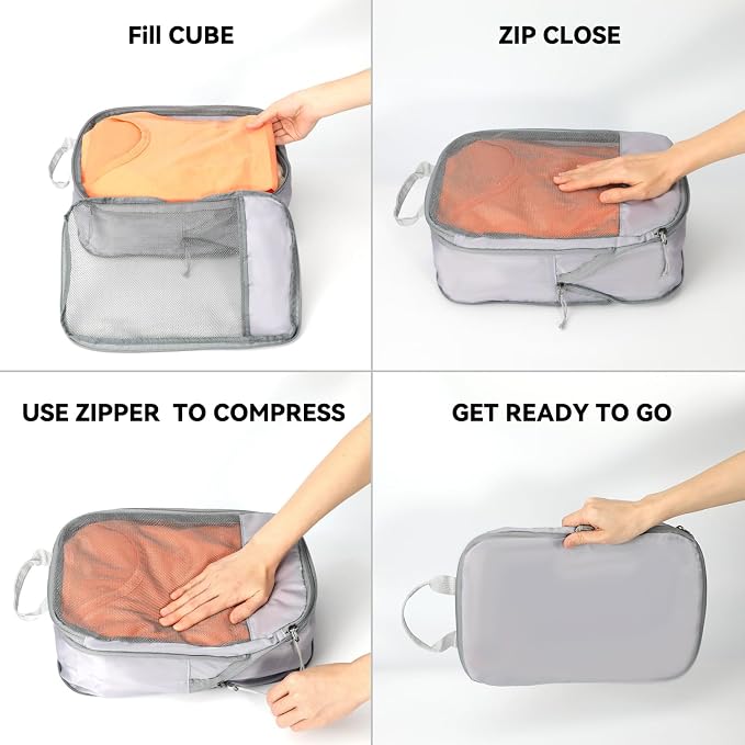 Voova 6 Set Compression Packing Cubes, Travel Accessories Expandable Packing Organizer Bags Set for Carry on Suitcase, Durable Luggage Packing Cubes for Travel Essentials,Grey - Image 6