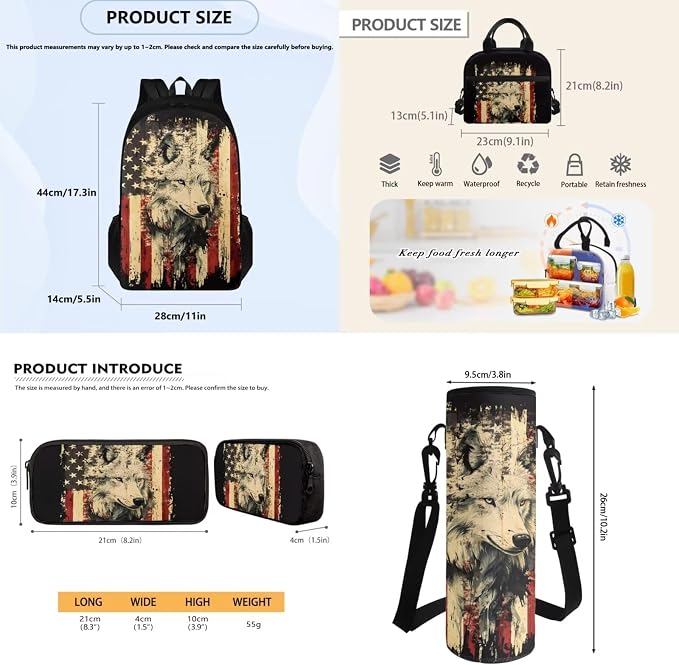 Student Backpack with Leakproof Lunch Bag Pencil Pouch Water Bottle Organizer, USA Flag Wolf Print Casual Double Zipper Large Capacity Travel Book Bag Rucksack for Kids - Image 7