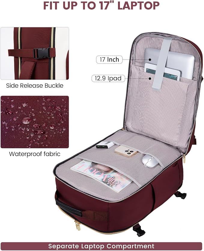 LOVEVOOK Large Travel Backpack for Women & Men, 40L Carry on Backpack for Airplanes, TSA Personal Item Travel Bag fits 17" Laptop, Waterproof Travel Essentials Airline Approved with 3 Packing Cubes - Image 9