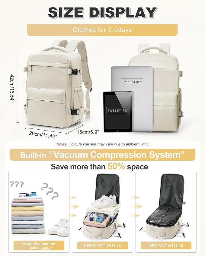 winspansy Vacuum Backpack Travel Essentials with Air Pump Compression Bags for Travel Carry on Flight Approved Seal Vacpack Personal Item Backpack with Vacuum System for Women Men Beige - Image 2