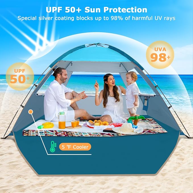 COMMOUDS Beach Tent Sun Shelter for 3/4/6/8 Person, UPF 50+ UV Protection Beach Shade Canopy Tent, Lightweight, Easy Set Up and Carry - Image 3
