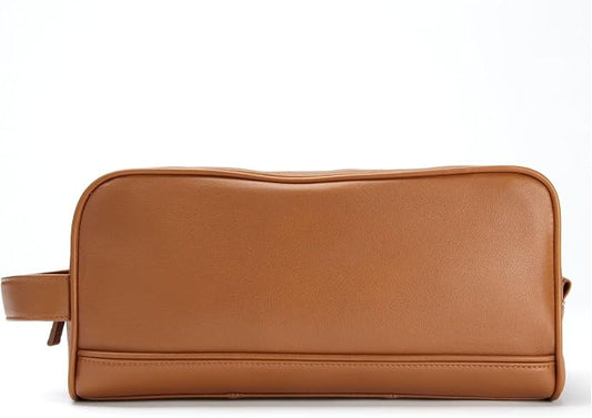 Leatherology Cognac Double Zip Toiletry Bag – Full-Grain Leather Men's Dopp Kit with Dual Compartments, Water-Resistant Lining & Top-Stitched Handle by Leatherology