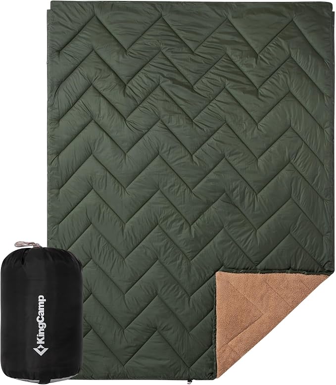 KingCamp Large Camping Blanket with Sherpa Lining, Packable Down Alternative Puffy Printed Wearable Blanket with Snap Buttons, Warm Weatherproof Quilt for Outdoor Travel (79" L x 57" W, Khaki/Olive) by KingCamp