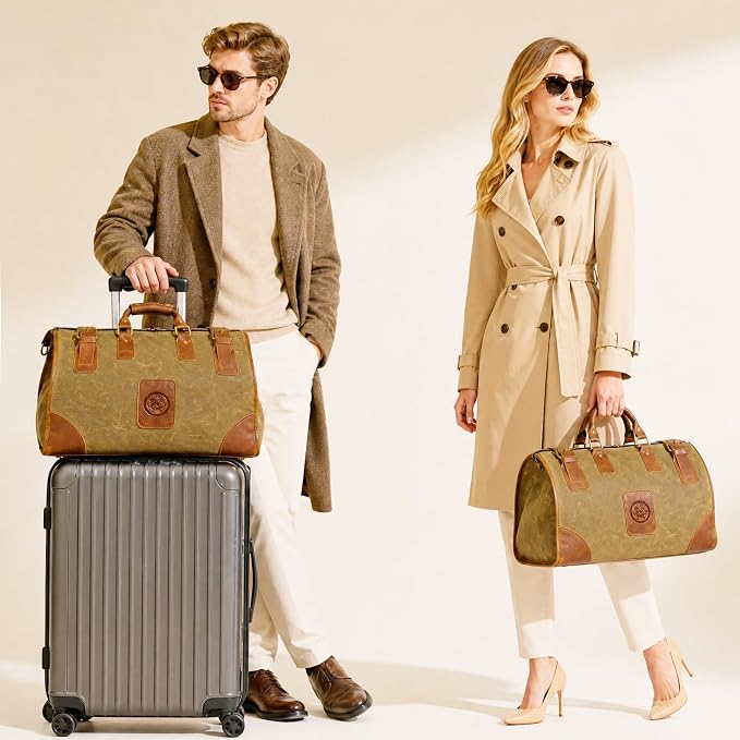 Water Resistant Canvas + Leather Travel Luggage Tote Duffle Gym Suitcase Weekender Overnight Bag For Men Male FB8151 (A-Brown) - Image 3