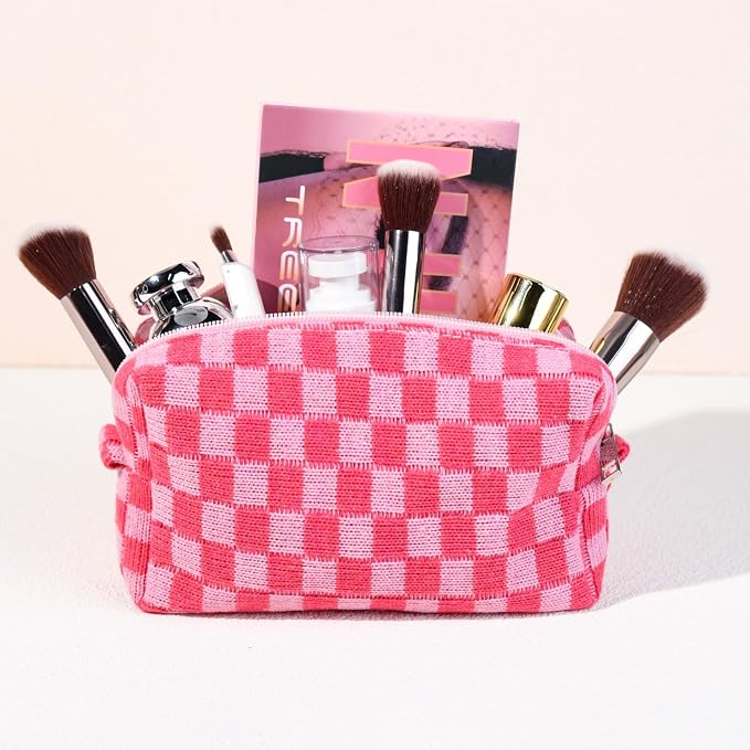 SOIDRAM 12PCS Checkered Makeup Bag Preppy Cosmetic Bag Bulk Hot Pink Makeup Pouch Personalize Travel Toiletry Bag Organizer Cute DIY Makeup Brushes Storage Bag for Women - Image 7