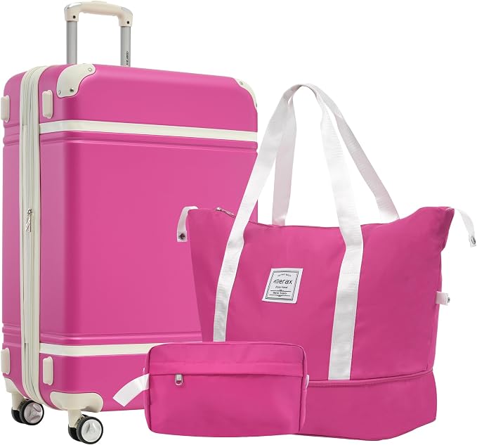 Merax Luggage Set,24 IN Hardside Suitcase with Duffel Bags,3 Piece Expandable Luggage with Spinner Wheels, Vintage Luggage with TSA Lock Lightweight,(Pink) by Merax
