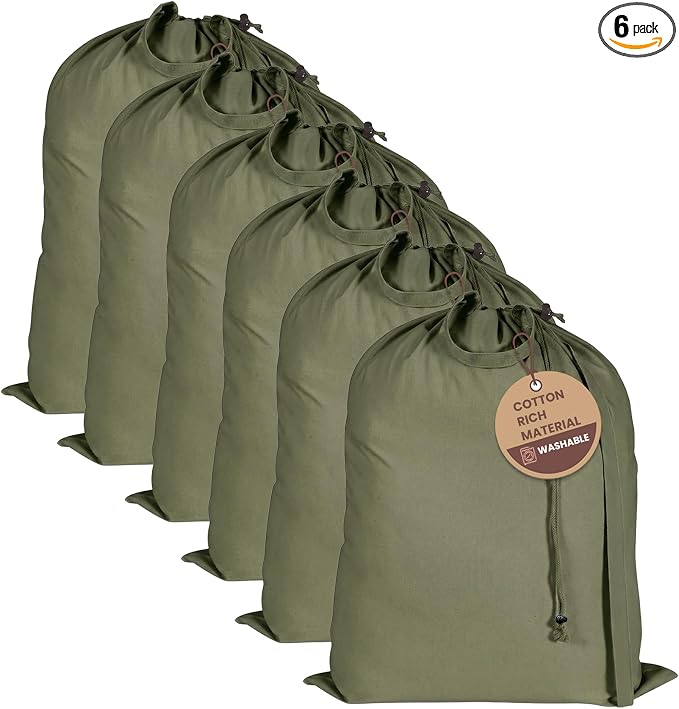 LFH Home Large Premium Cotton Rich Canvas Laundry Bag with Drawstring and Handles Heavy Duty, Multi-Use, and Washable for Home, Travel, College or Storage 28x36 (Pack of 6)-Military Green by LFHHomePrivateLimited