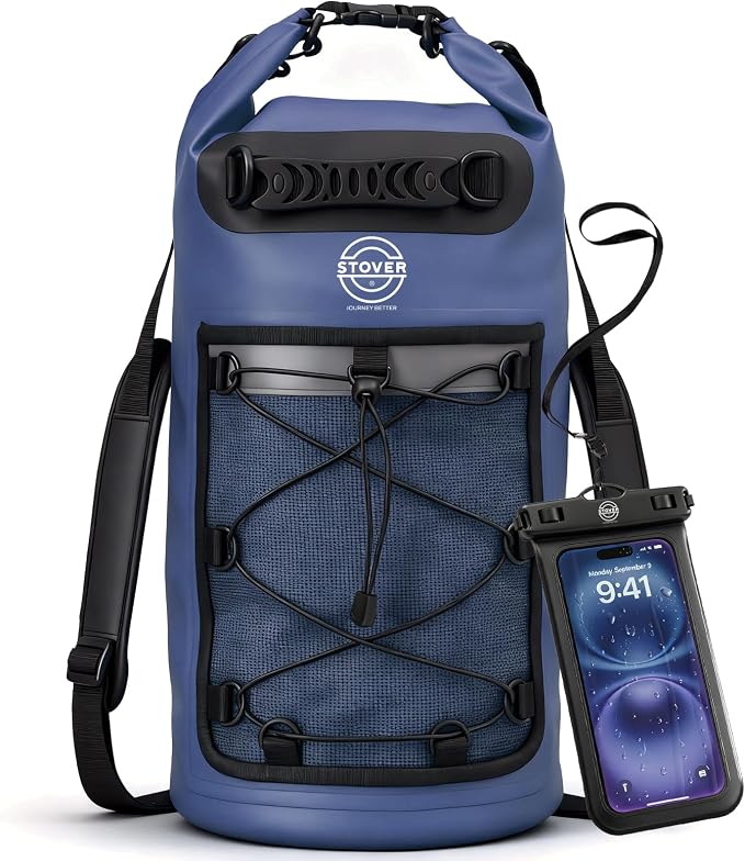 STOVER 5/10/25/30/40L Waterproof Dry Backpack & Phone Case- Large Floating Dry Bag for Kayaking, Travel, Hiking, Fishing, Camping, Motorcycles & Beach, Heavy-Duty Roll Top Men/Women (Navy Blue) by STOVER