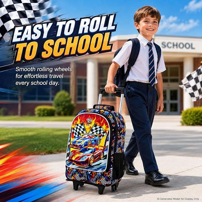 HPJGD 3PCS Car Rolling Bookbag for Boys, Kids School Backpack with Wheels, Water Resistant UV Printed Roller Wheeled Bookbag Set with Lunch Box - Image 2