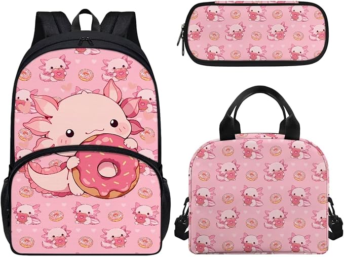 Axolotl Donuts Backpack for Kids, Girls Cute Backpack School Bookbag with Insulated Lunch Box Pencil Case 3 in 1, Lightweight Backpack for Travel by CndexdWearfunPrintjoy
