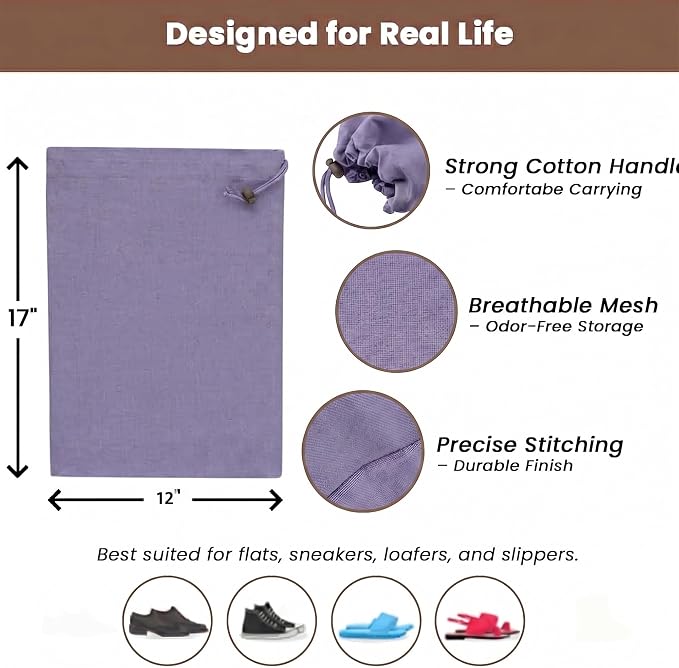 LFH Cotton Rich Shoe Storage Bags with Drawstring, Dustproof Breathable Reusable Organizer, Perfect For Travel, Dorm, Hotel,College,Gym,Easy to Carry,Machine Washable12"x17" (Pack of 2)-Lavender - Image 2