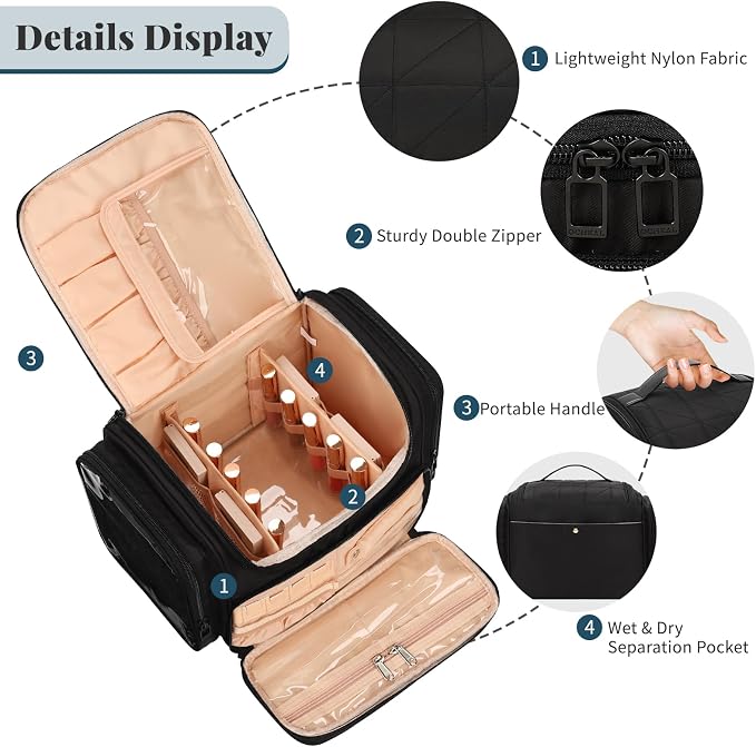 Large Makeup Bag with Jewelry Organizer, Travel Toiletry Bag for Women Girls with Makeup Brush Compartment & Two Side Pockets - XL Black - Image 2