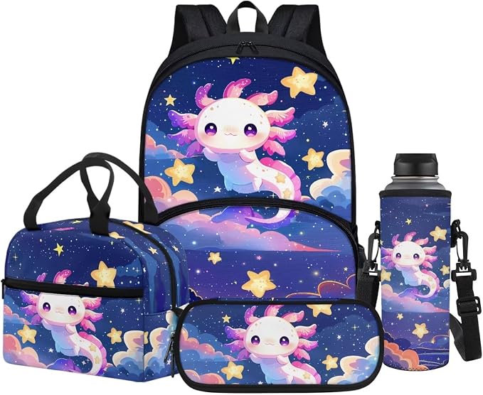 POLERO Cute Axolotl Backpack with Lunch Box for Girls Elementary Preschool Kindergarten School Bag Pencil Case Water Bottle Holder Set by WelcometoPOLERO