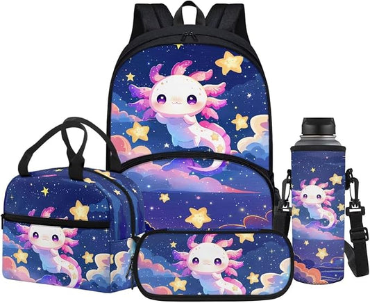 POLERO Cute Axolotl Backpack with Lunch Box for Girls Elementary Preschool Kindergarten School Bag Pencil Case Water Bottle Holder Set by WelcometoPOLERO