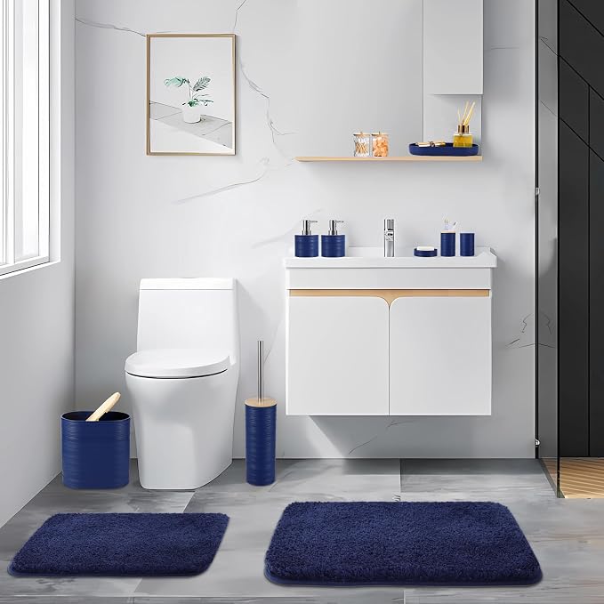 XLHOMO Bathroom Set - Navy Blue Bathroom Accessories Set, Bathroom Sets with Shower Curtain and Rugs, 25PC Shower Curtain Set with Hooks, Soap Dispenser, Soap Dish, Toilet Brush Holder and Trash Can - Image 7