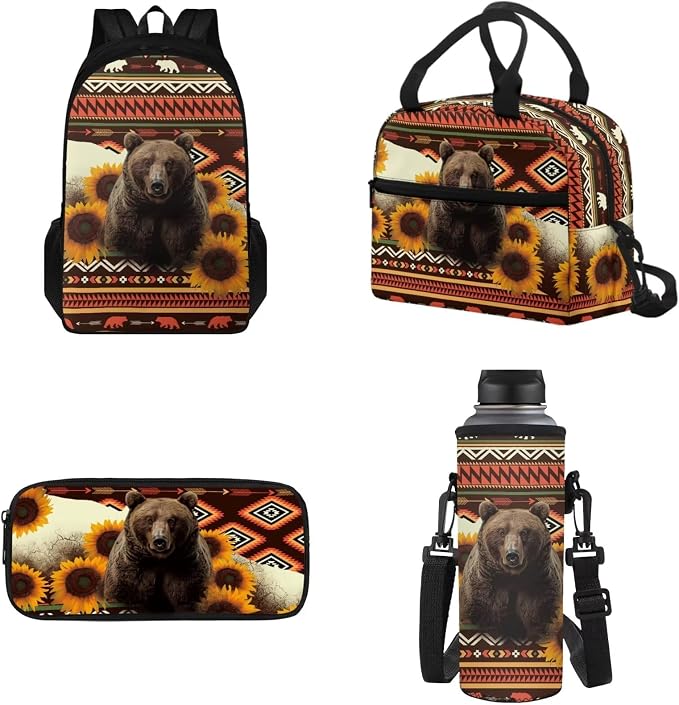 Student Backpack with Leakproof Lunch Bag Pencil Pouch Water Bottle Organizer with Aztec Sunflower Bear, Casual Double Zipper Large Capacity Travel Book Bag Rucksack for Kids by Tomeusey