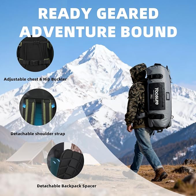 80L Waterproof Duffel Bag Motorcycle Dry Bag Backpack, Waterproof Zippered Bags with Backpack Spacer Pad for Kayaking Rafting Boating Canoeing Camping Paddle Beach (Grey) - Image 3