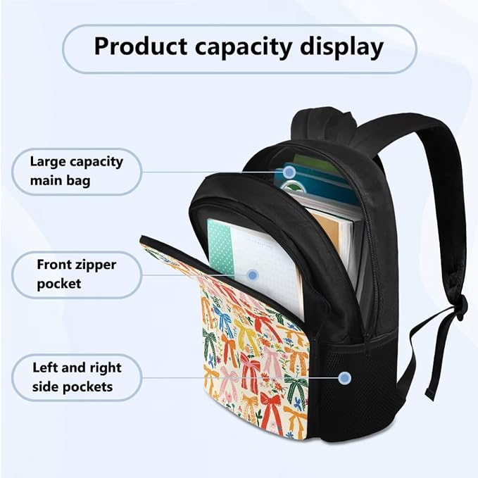 Girls Bow Prints Backpack with Leakproof Lunch Box Pencil Box Water Bottle Bag for School, Large Capacity School Bag for Kids Kindergarten, Primary School - Image 2