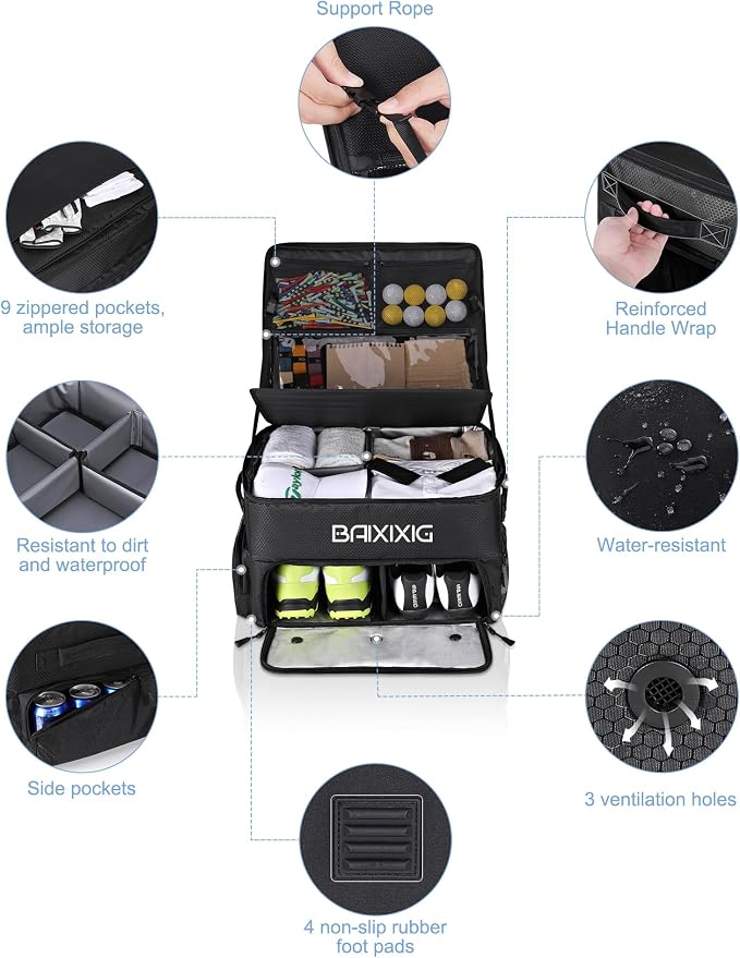 Golf Trunk Organizer, Waterproof Car Golf Locker with Separate Ventilated Compartment for 2 Pair Shoes, Golf Storage for Balls, Tees, Cap, Clothes, Gloves, Accessories, Gifts for Men, Women - Image 3