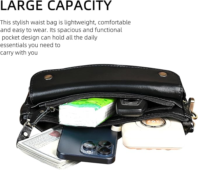 Water Resistant Canvas + Leather Hiking Riding Travel Fanny Waist Pack Small Phone Pouch For Men Women FB811-29 (100% Leather-The 8136 Black) - Image 6