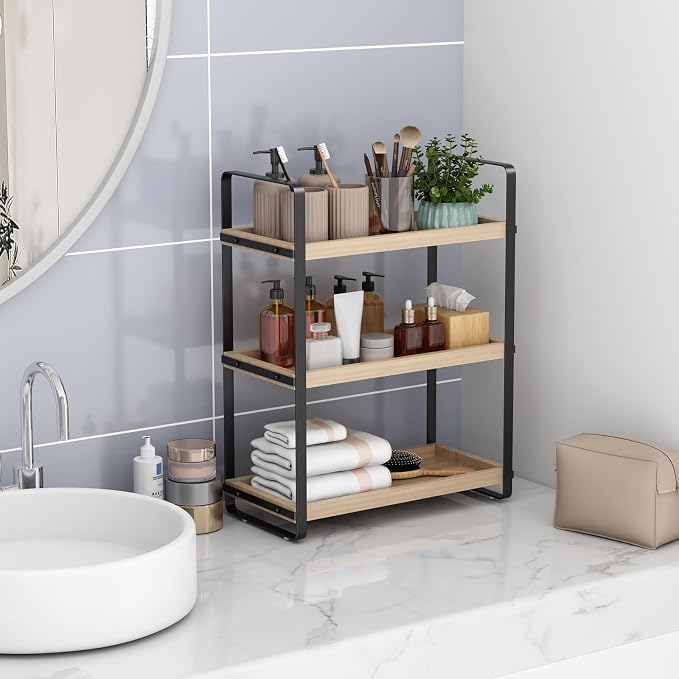 HNRLOY Bathroom Counter Organizer,Bathroom Countertop Organizer,Counter Shelf,Countertop Storage,Organization and Storage,Makeup Shelf,Sink Caddy(Burlywood 3 Tier) - Image 4
