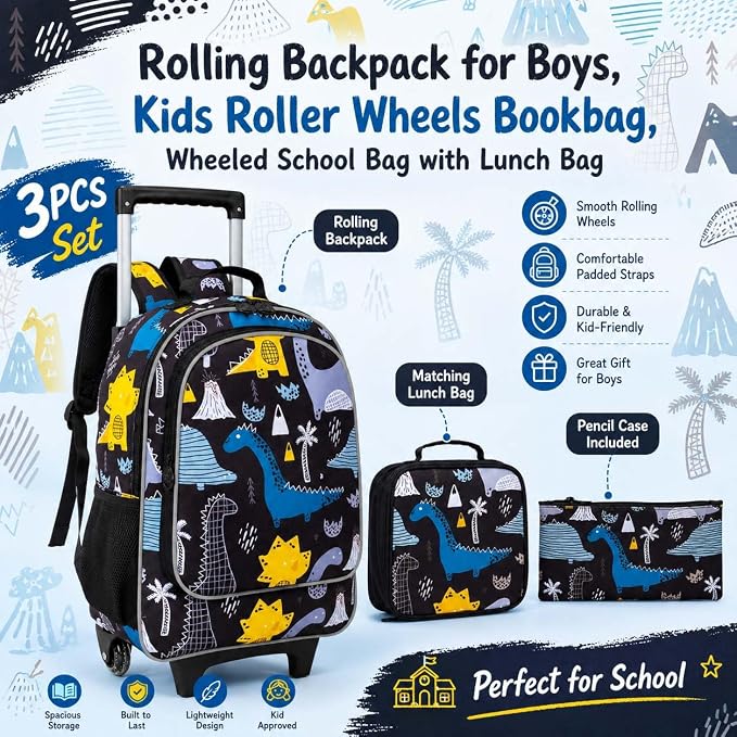 AGSDON 3PCS Rolling Backpack for Girls Boys, Kids Roller Wheels Bookbag, Wheeled School Bag with Lunch Bag - Image 8