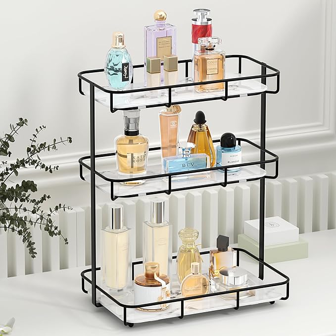 Bathroom Organizer Countertop Perfume Organizer Makeup Organizer Cosmetics Storage Display Rack Vanity Tray Dresser Stainless Steel Gold Shelf White Marble Ceramic Tray by Dobbyby