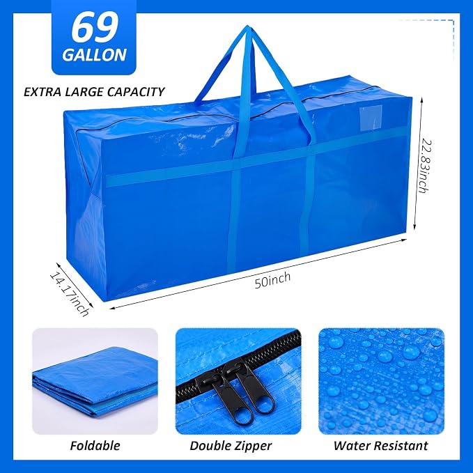 Windyun 4 Pack 69 Gallon Extra Large Moving Bags XXL Heavy Duty Storage Bag with Strong Zipper Handle Jumbo Big Tote Box Foldable for College Dorm Travel Clothes Duffle Blanket Pillow(Blue) - Image 3