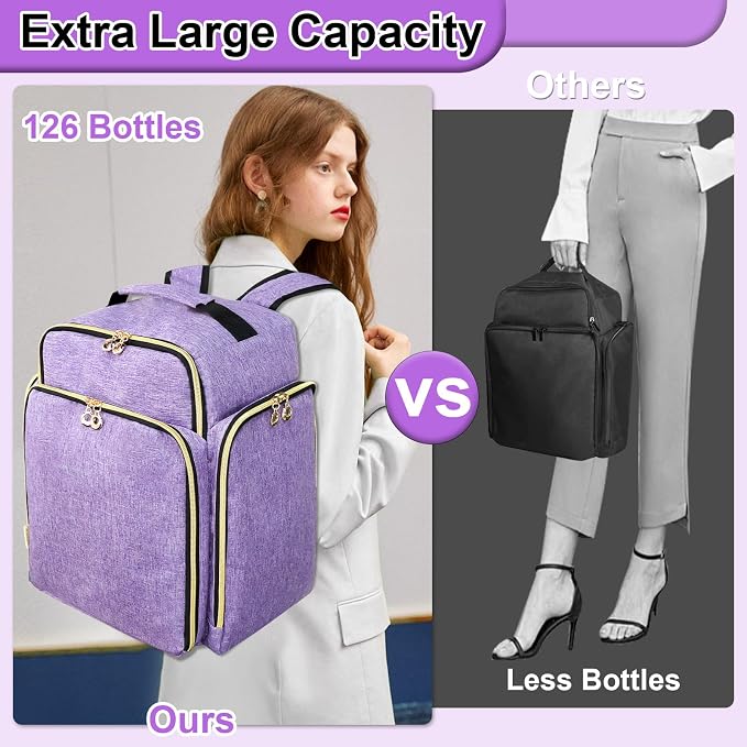 Nail Polish Organizer Backpack Holds 126 Bottles& Nail Lamp, Extra Large Nail Kit Supplies Organizer Bag with 3 Removable Cases, Portable Nail Organizers and Storage for Travel (Noble Purple) - Image 7