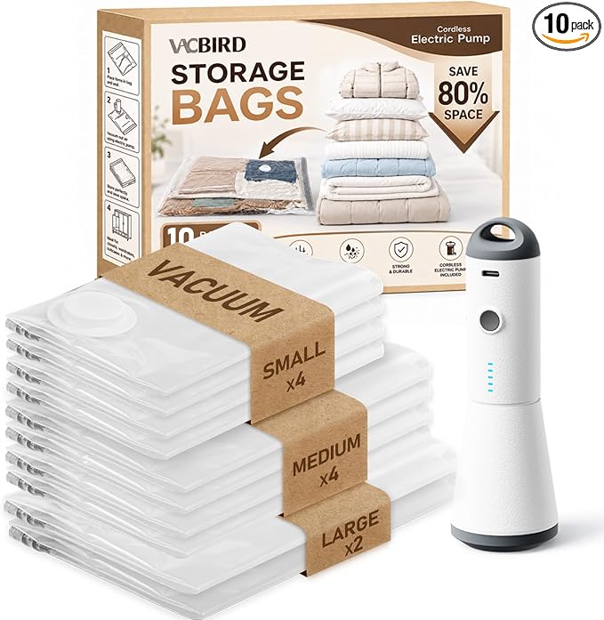 Vacbird Vacuum Storage Bags for Clothing Travel, 10 Pack Vacuum Bags with Rechargeable Cordless Air Pump(2 Large+4 Medium+4 Small), Compression Packing for Clothes Blanket Suitcase Luggage by Vacbird