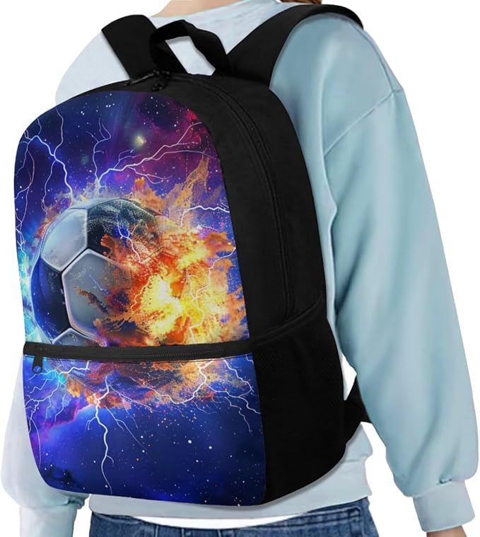 Galaxy Lightning Soccer Backpack for Boys Girls Backpack with Lunch Box Water Bottle Carrier and Large Pencil Case 4PCS Set Bookbag with Front Pocket for School 17 inch Sturdy School Bag - Image 2