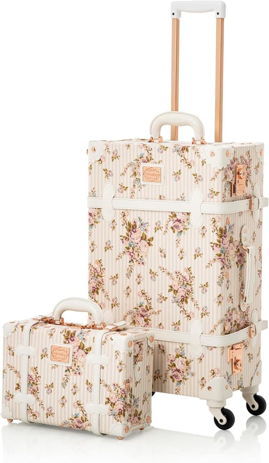 COTRUNKAGE Travel Vintage Luggage Set 2 Piece Floral Cute Check In Suitcases with Spinner Wheels for Womens, Beige Floral by COTRUNKAGE