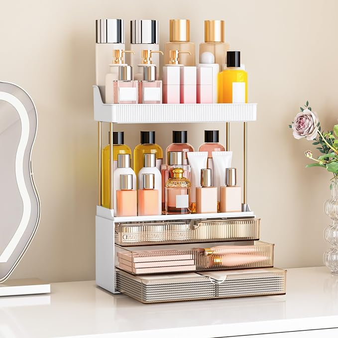 caktraie Bathroom Organizers and Storage - 3 Drawers 2 Tier Makeup Organizer, Cosmetic Storage Drawer for Dresser Countertop and Bathroom Vanity for Large Skincare, Perfume, Amber - Image 7