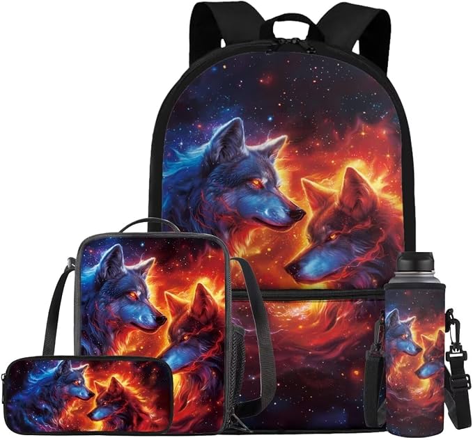 Galaxy Wolf Backpack for Girls Boys Backpack with Lunch Box Water Bottle Pouch and Zipper Pencil Pouch 4PCS Set Bookbag with Front Pocket for School 17 inch Large Capacity School Bag for Kids by ELEDIZI