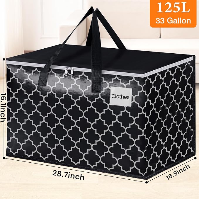 HomeHacks Heavy Duty Moving Bags with Tag Pockets, Collapsible Storage Totes for Moving, Camping & Travel -Foldable Packing Boxes, Zipper Handles, Black（8 Packs, 125L） - Image 3