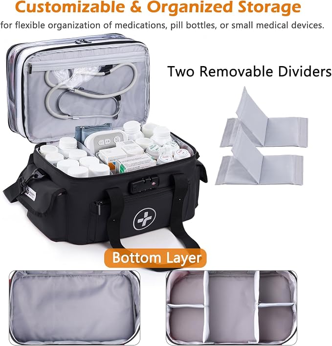 BAGSFY 3-Tier Medicine Organizer with Combination Lock – Large Medicine Bag, Empty First Aid Kit Case, Pill Bottle Medical Supply Organizer, Travel Prescription Bag, Medication Storage Container - Image 4