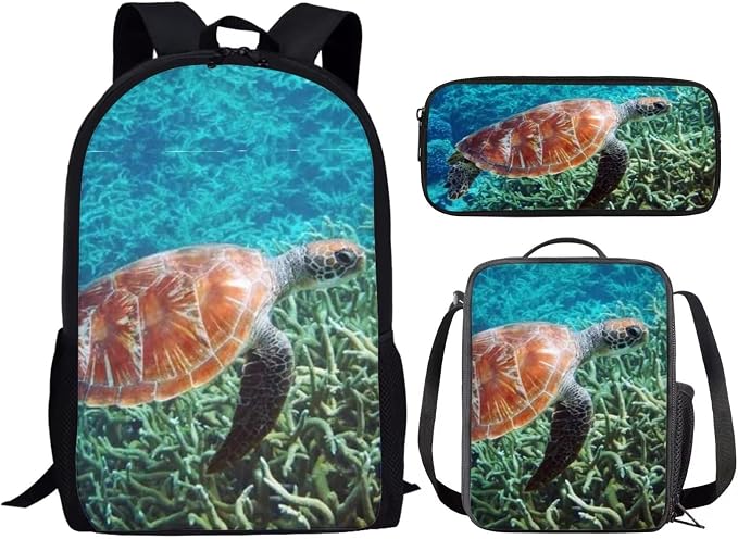 Kids Novelty Animal Backpack and Lunch Box for Boys Girls Student Lightweight 17 Inch School Sea Turtle Backpack with Lunch Bag Pencil Case Kids Comfy Padded Black Large Bookbag - Image 2