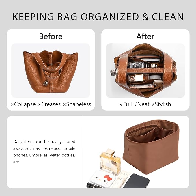 Picotin 18 Bag Insert Premium Nylon, Luxury Smooth Picotin 18 Purse Organizer Insert with Zipper Pockets, Soft Touch Inner Liner for Women's Handbags(PC18, Gold Brown) - Image 5