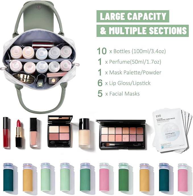 BOYATU Checkered Makeup Bag Organizer with Handle: Large Travel Cosmetic Bag Holds 10+ 100ml Full-Size Bottles for Date & Trip - Waterproof Leather Toiletry Pouch 3-sec Touch-up for Chic Woman(Green) - Image 6